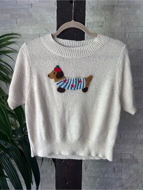 Romeo Romeo Cream Short-Sleeve Knit Sweater with Dachshund Applique Size Small